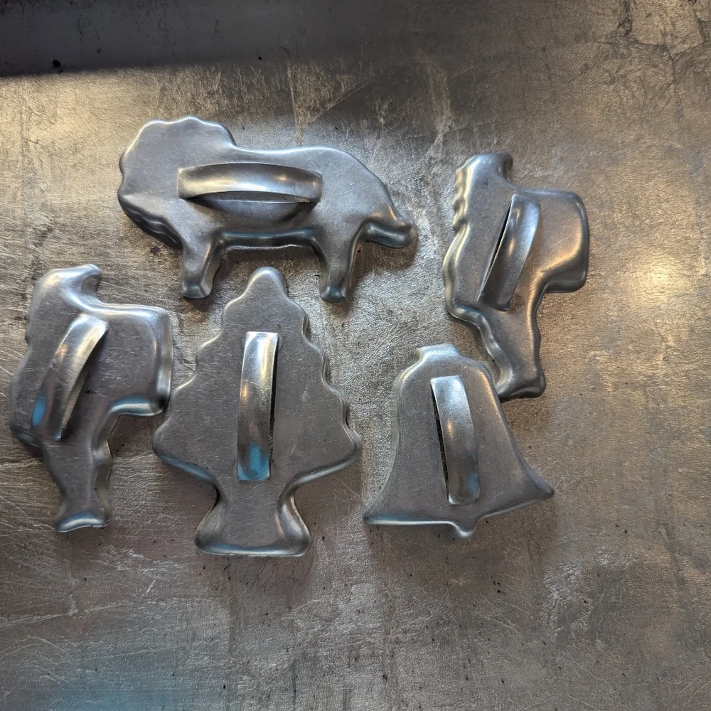 Vintage 1950's Aluminum Cookie Cutters Set 2 Santas,Bell, Lion Christmas Tree